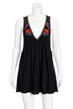 Free People Black Embroidered Boho Mini Dress Tassel Open Back 100% Lyocell